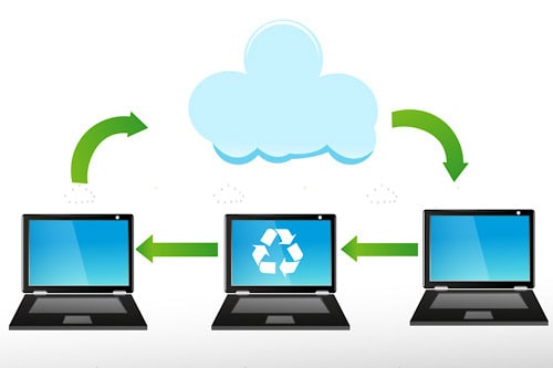 Trio of Black Laptops Below a White Cloud with Recycling Logo